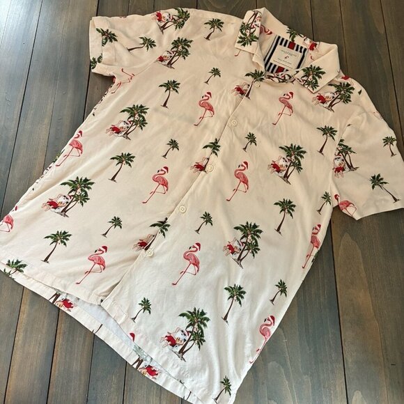 Denim & Flower Santa Palm Trees Flamingo Christmas Short Sleeve Mens XL (XM5) - Picture 1 of 5